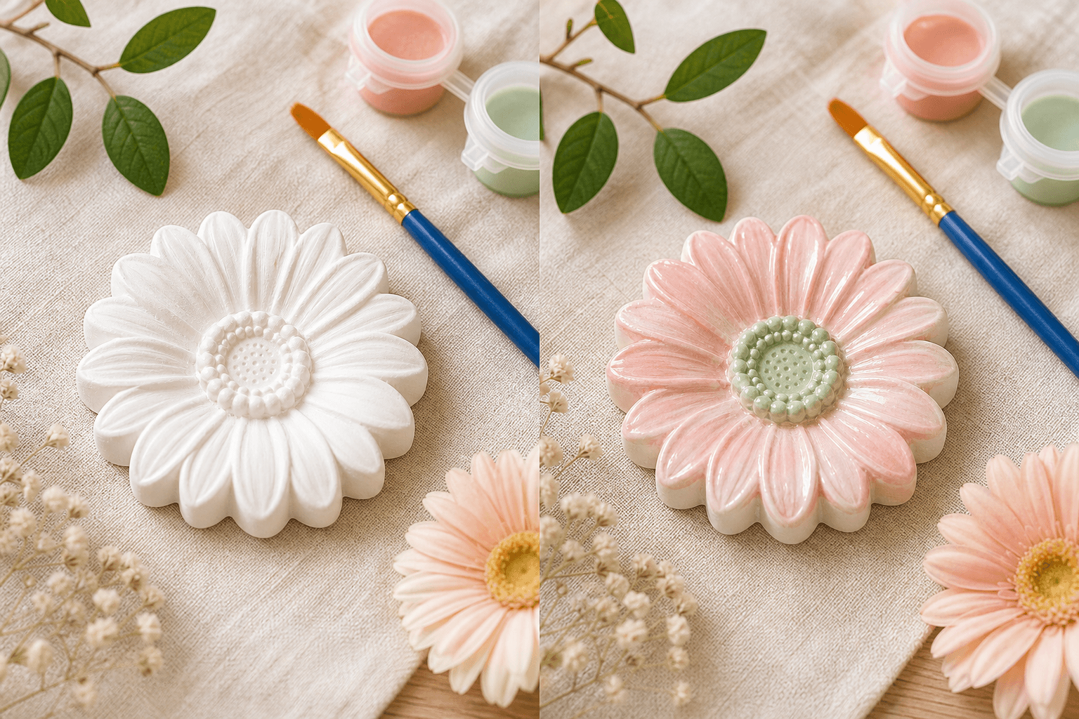 Before and after painted flower piece transformation