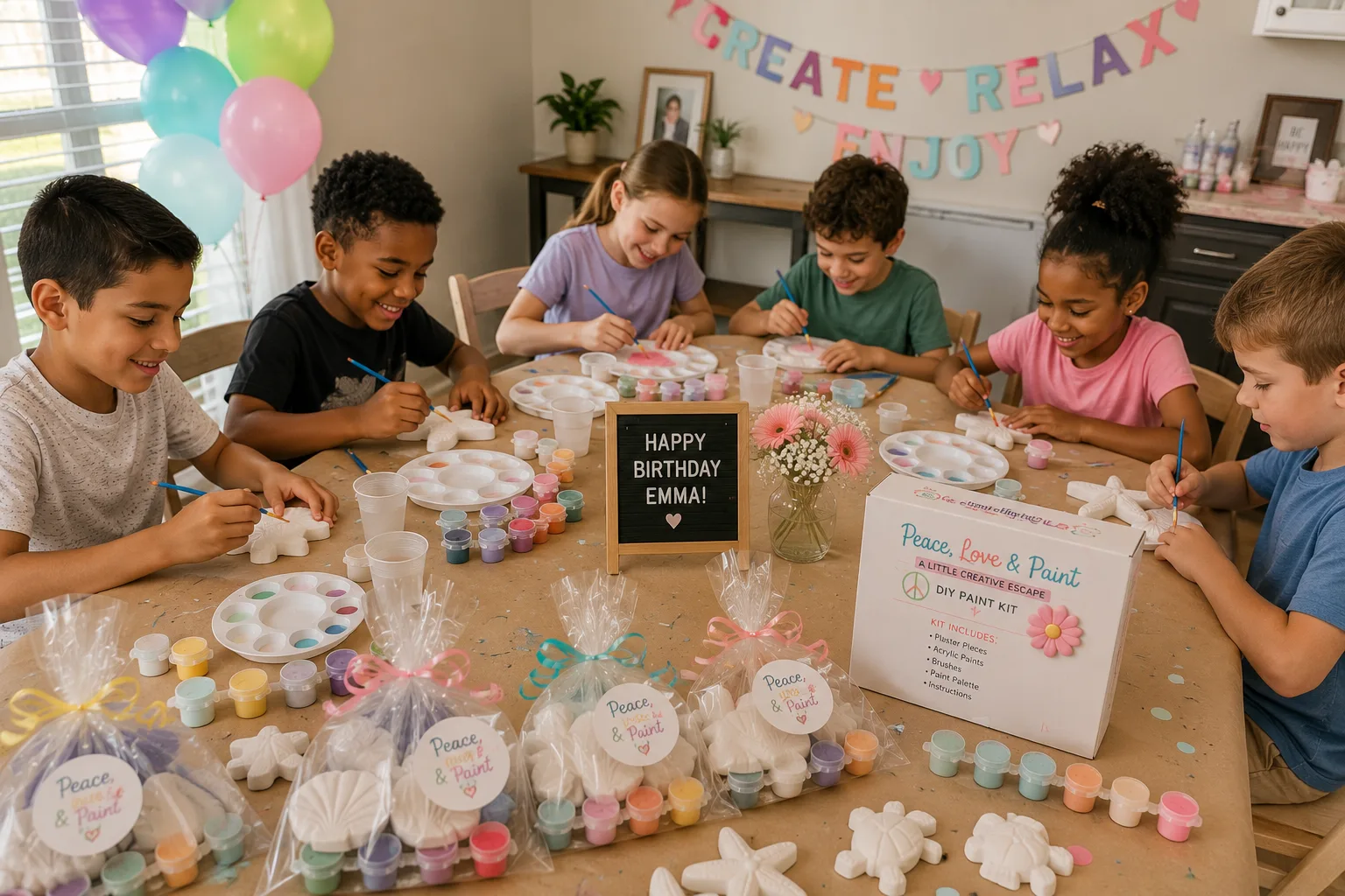 Party table set up with Peace Love & Paint supplies